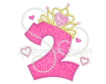 Princess Tiara + Pearls #2 Applique Machine Embroidery Design Birthday crown number two second 2nd INSTANT DOWNLOAD