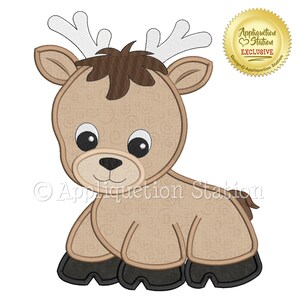 May include: A brown and white cartoon reindeer with a brown nose and big eyes. The reindeer is sitting on its hind legs with its front legs outstretched. The reindeer has a brown and white swirl pattern on its body.