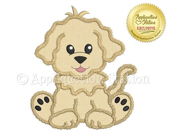 May include: A cute, cartoon-style, beige puppy with black eyes and a pink tongue. The puppy is sitting with its legs crossed and its tail curled behind it. The image is a digital embroidery design.