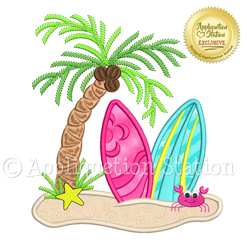 Surfboard Island Applique Machine Embroidery Design Pattern Surf's Up Palm Tree Crab Ocean Sea INSTANT DOWNLOAD image 1