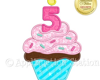 Birthday Cupcake Candle Number 5 Applique Machine Embroidery Design dessert cake five fifth 5th party INSTANT DOWNLOAD