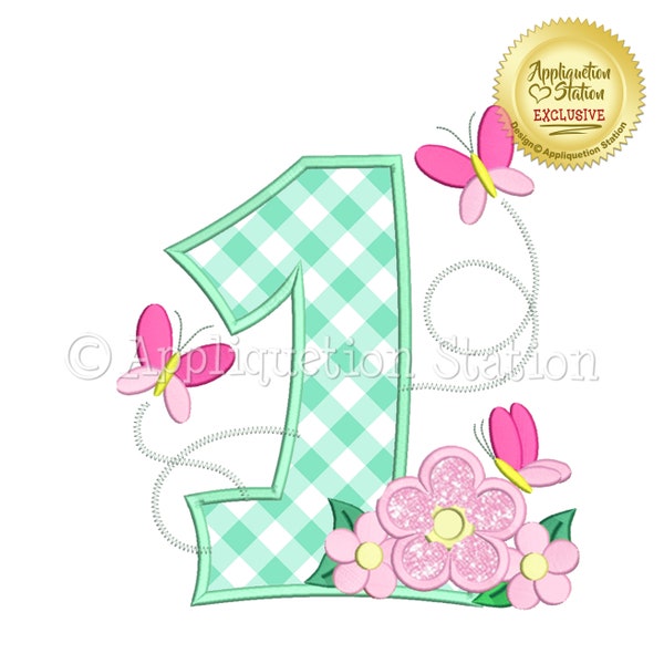 Butterfly Number 1 Applique Machine Embroidery Design Birthday One 1st first INSTANT DOWNLOAD