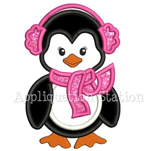 May include: A cartoon penguin wearing a pink scarf and earmuffs. The penguin has a white belly and black wings and feet.