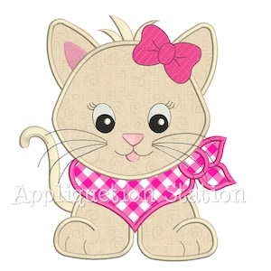 May include: A cute cartoon cat with a pink bow and a pink and white checkered bandana. The cat is sitting with its legs crossed and has a happy expression on its face.