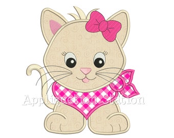 Applique Kitten Machine Embroidery Design Bandana Baby Girl Farm Animal Cat Cute INSTANT DOWNLOAD