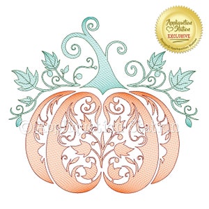 May include: An orange pumpkin with a teal stem and intricate floral designs. The pumpkin is surrounded by leaves and vines.