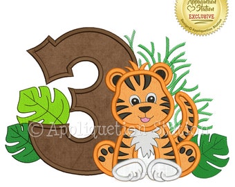 Tiger Number 3 Birthday Applique Machine Embroidery Design Jungle Animal third three 3rd boy cute jungle animal INSTANT DOWNLOAD