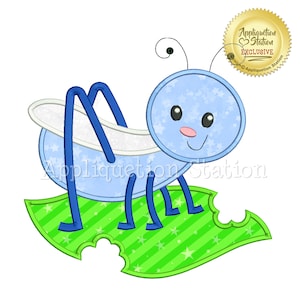 May include: Blue and white embroidered applique design of a grasshopper on a green leaf with white stars. The grasshopper has a smiling face and a white wing. The design is perfect for a baby's nursery or a child's room.