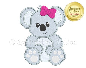 Applique Koala with Bow Machine Embroidery Design cute baby animal girl INSTANT DOWNLOAD