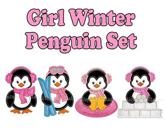 Penguin Girl Set of 4 Applique Machine Embroidery Design Christmas Cute sledding, tubing, skiing, ski INSTANT DOWNLOAD