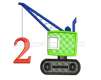 Number 2 Wrecking Crane Birthday Applique Machine Embroidery Design 2nd second two boy INSTANT DOWNLOAD