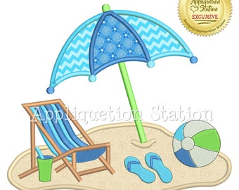 Beach Chair Umbrella Scene Applique Machine Embroidery Design Pattern ball sandals nautical ocean beach INSTANT DOWNLOAD