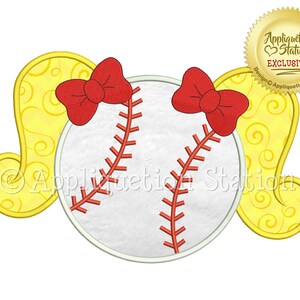 Baseball with Ponytails Bows Applique Machine Embroidery Design Pigtails Spring Sports Girl INSTANT DOWNLOAD