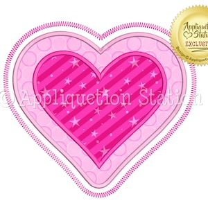 May include: A pink heart-shaped applique with a smaller pink heart inside. The smaller heart has white stars and pink stripes. The applique has a white background with a dotted pattern.