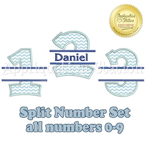 May include: A split number set for embroidery, featuring the numbers 1, 2, and 3. The numbers are in a blue and white chevron pattern and are split in half with a space for a name. The name "Daniel" is shown in the space above the number 2. The text "Split Number Set all numbers 0-9" is below the numbers.