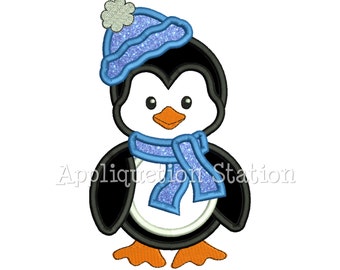 Applique Penguin Machine Embroidery Design  Hat Scarf Cute Christmas Boy Girl Holiday Winter INSTANT DOWNLOAD