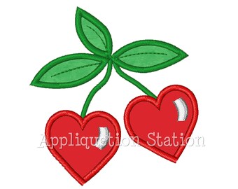 Heart Cherries Applique Machine Embroidery Design Cherry Valentine Summer Fruit INSTANT DOWNLOAD