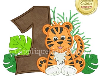 Tiger Number 1 Birthday Applique Machine Embroidery Design Jungle Animal one first 1st boy cute jungle animal INSTANT DOWNLOAD