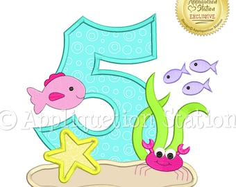 5 Birthday Under The Sea Number Five Applique Machine Embroidery Design ocean fish crab fifth INSTANT DOWNLOAD