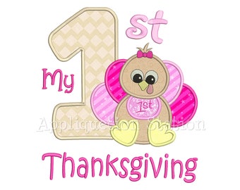 My 1st Thanksgiving Baby Girl Turkey Applique Machine Embroidery Design first INSTANT DOWNLOAD