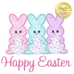 Bunny Trio Happy Easter Applique Machine Embroidery Design Egg Spring Rabbit INSTANT DOWNLOAD