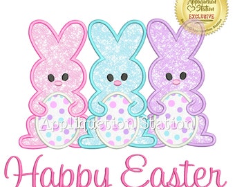 Bunny Trio Happy Easter Applique Machine Embroidery Design Egg Spring Rabbit INSTANT DOWNLOAD