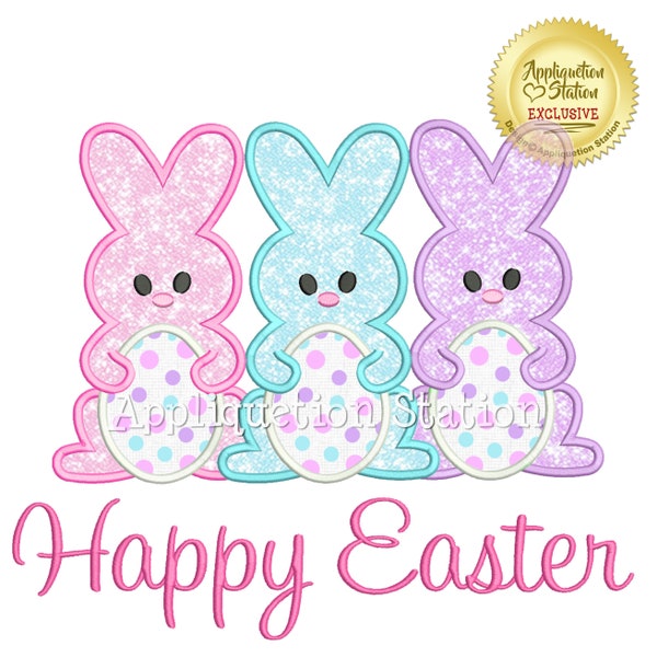 Bunny Trio Happy Easter Applique Machine Embroidery Design Egg Spring Rabbit INSTANT DOWNLOAD