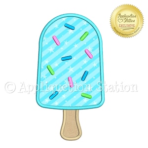 May include: Blue popsicle with white stars and colorful sprinkles on a striped background. The popsicle is on a brown stick. Design by Appliquetion Station.