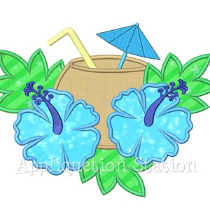 Tropical Coconut Drink Applique Machine Embroidery Design flower umbrella vacation cruise resort INSTANT DOWNLOAD