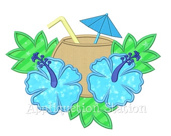 Tropical Coconut Drink Applique Machine Embroidery Design flower umbrella vacation cruise resort INSTANT DOWNLOAD