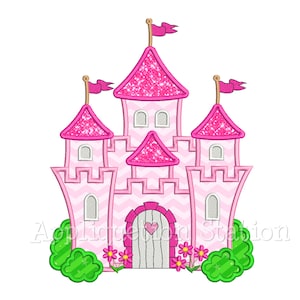 May include: Pink castle with a heart-shaped door and green bushes with pink flowers. The castle has a pink glitter design and white windows.
