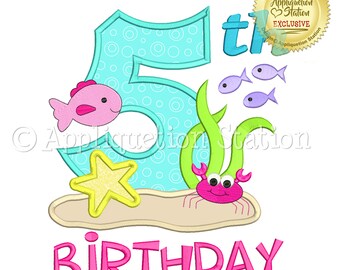 My 5th Birthday Under The Sea Number Five Applique Machine Embroidery Design ocean fish crab fifth INSTANT DOWNLOAD