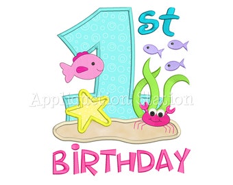 My First Birthday Under The Sea Number One Applique Machine Embroidery Design ocean fish crab 1 first INSTANT DOWNLOAD