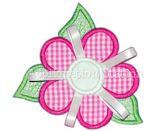 Flower with Ribbon Applique Machine Embroidery Design Five Petal Pink Garden Leaves INSTANT DOWNLOAD