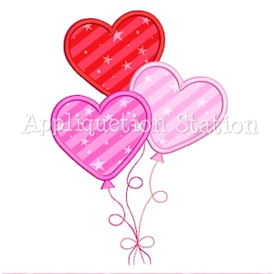 May include: Three heart-shaped balloons with pink and red stripes and white stars. The balloons are tied together with a pink ribbon.