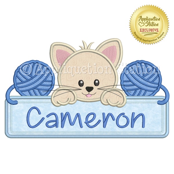 Kitten Name Plate Boy Applique Machine Embroidery Design baby cat yarn sign INSTANT DOWNLOAD