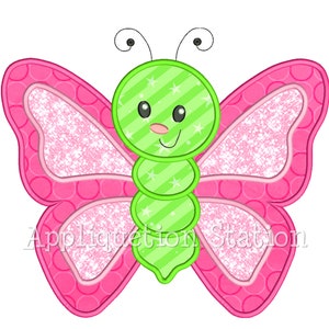 Puede incluir: Una aplicaci&oacute;n de mariposa verde y rosa con una cara sonriente y estrellas blancas. La mariposa tiene un cuerpo verde con rayas blancas y alas rosas con lunares blancos.