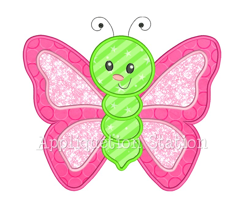 Puede incluir: Una aplicaci&oacute;n de mariposa verde y rosa con una cara sonriente y estrellas blancas. La mariposa tiene un cuerpo verde con rayas blancas y alas rosas con lunares blancos.