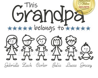 以下が含まれることがあります： 「This Grandpa belongs to」の文字と子供の棒人間が描かれた白いグラフィック。子供たちの名前はGabrielle、Zach、Carter、Julia、Lucas、Gracey。下部には「Build your own family with 28 different characters」の文字。