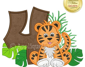 Tiger Number 4 Birthday Applique Machine Embroidery Design Jungle Animal four fourth 4th boy cute jungle animal INSTANT DOWNLOAD