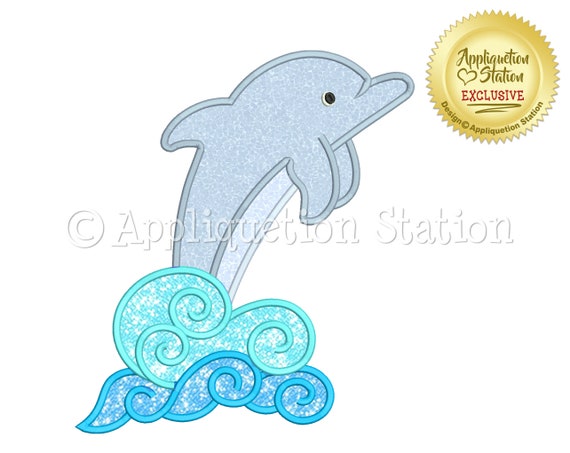 Dolphin Swirly Wave Applique Machine Embroidery Design Sea.