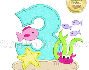 3 Birthday Under The Sea Number Three 3rd Applique Machine Embroidery Design ocean fish crab third INSTANT DOWNLOAD
