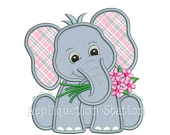 Zoo Baby Elephant holding flowers Applique Machine Embroidery Design spring daisy  INSTANT DOWNLOAD