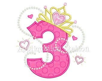 Princess Tiara + Pearls #3 Applique Machine Embroidery Design Birthday crown number three third 3rd INSTANT DOWNLOAD