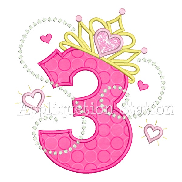 Princess Tiara + Pearls #3 Applique Machine Embroidery Design Birthday crown number three third 3rd INSTANT DOWNLOAD