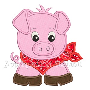 May include: A pink pig wearing a red bandana with a paisley pattern. The pig has brown boots and a curly tail.