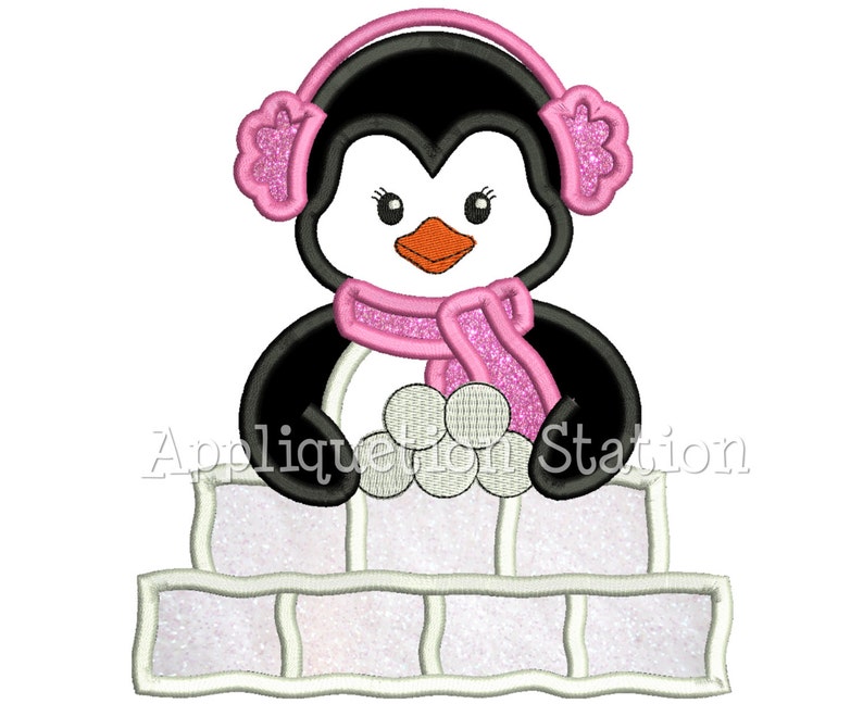 Cute Penguin Girl Snow Fort Applique Machine Embroidery Design Christmas Holiday Winter Snowball Fight INSTANT DOWNLOAD image 1