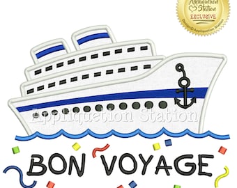 Cruise Ship Bon Voyage Applique Machine Embroidery Design boat family vacation nautical vehicle INSTANT DOWNLOAD