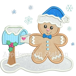 Diseño de bordado a máquina con apliques de cartas de correo para niño pelirrojo en el buzón de correo Hombrecito de jengibre de Navidad Galleta Bebé de vacaciones DESCARGA INSTANTÁNEA