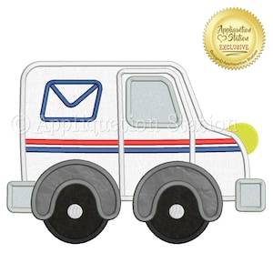 Diseño de bordado a máquina con apliques de camión de correo, lindo niño cartero, vehículo de entrega postal, coche, DESCARGA INSTANTÁNEA